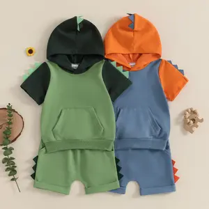 Toddler Baby Boy Summer Outfit Hooded Dinosaur  Funny Contrast Short Sleeve Shirt Shorts 2Pcs Set Infant Summer Outfit Dinosaur Clothes