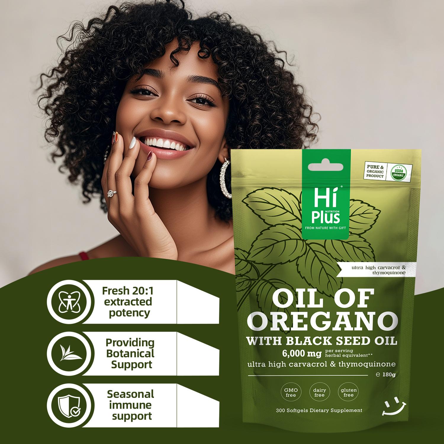 HiPlus Nutrition Oregano Oil with Black Seed Oil Softgels | Immune Support,Antioxidant Boost | with Black Seed Oil & High Carvacrol | Non-GMO, Plant-Based | 300 Count