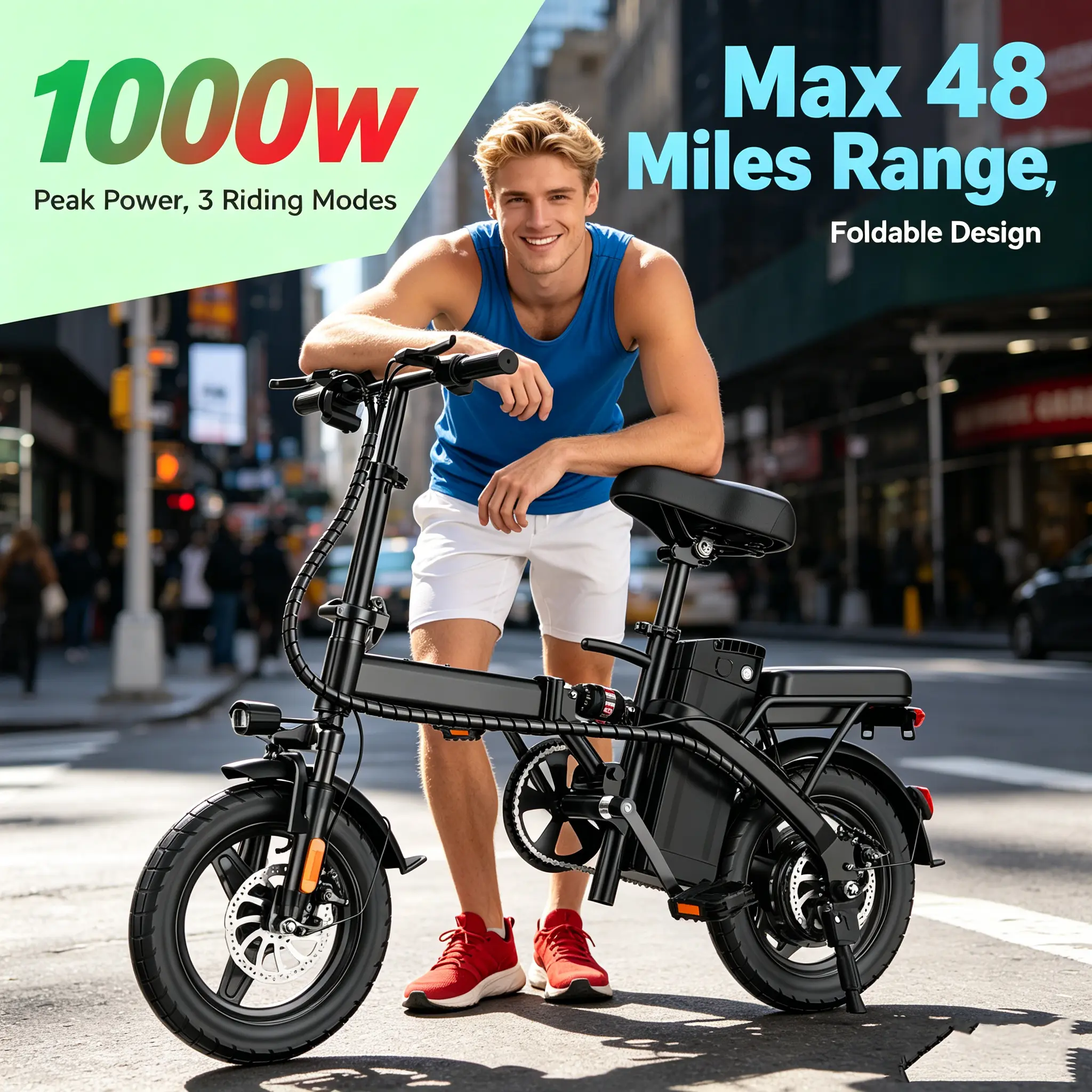 12-Month Warranty, ASKMY E14 Urban Folding E-Bike 1000W,  Enhanced Safety Battery, Dual Disc Braking System | UL2849 Certified,Easy Storage- Long Range 45 Miles | 14" Compact Tires,