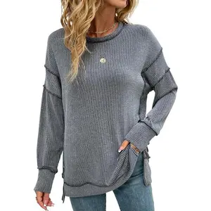 Women’s long-sleeve ribbed loose-fit oversized sweatshirts with a high-low hem — perfect for fall outfits in 2024