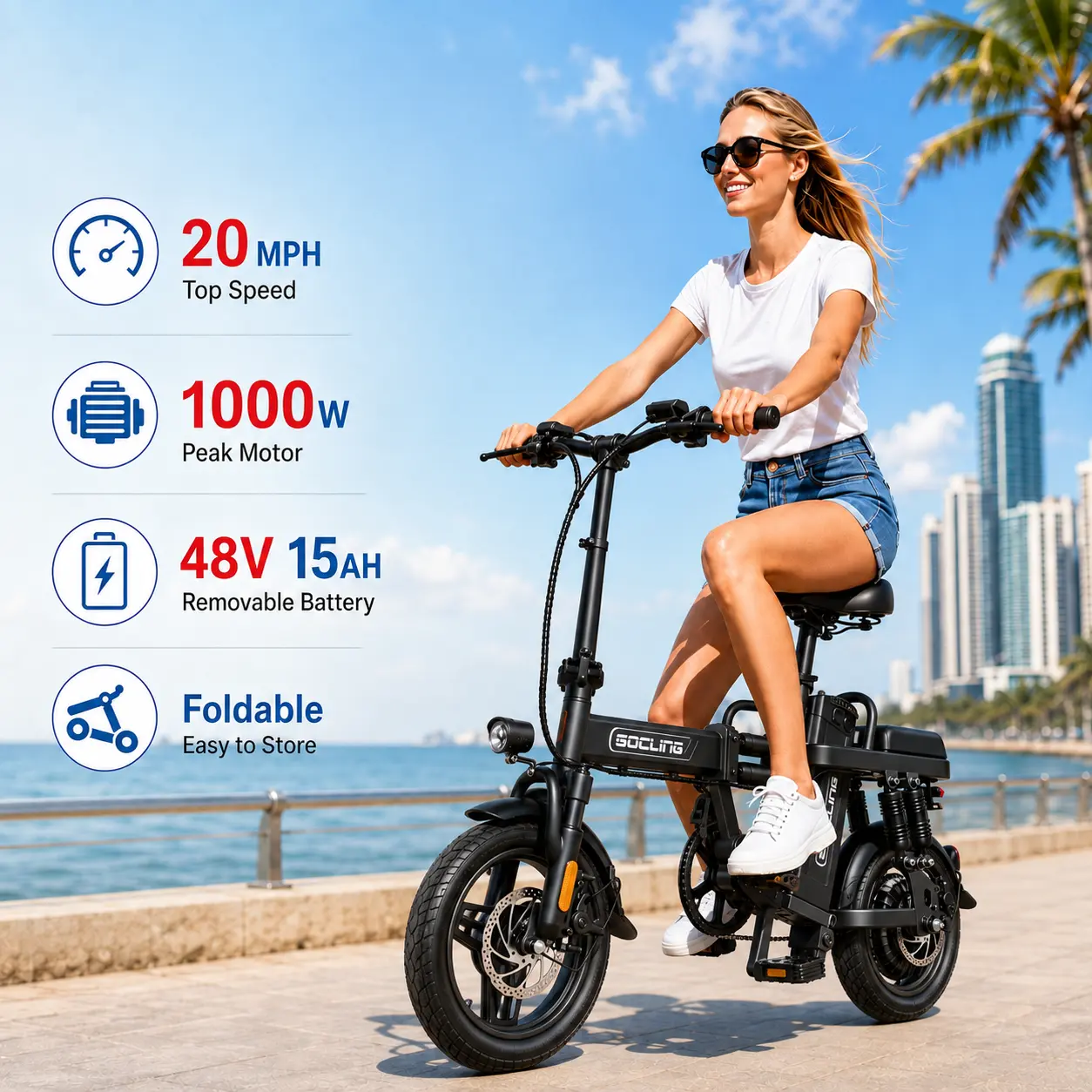 Adult Compact Foldable Electric Bike - 500W Brushless Motor, 30mi Range, 15Ah Easy-Remove Rechargeable Battery, 14” Vacuum Tires, Trunk-Fit Space-Saving Design, Dual Disc Brakes, Assist Mode for City Commuting