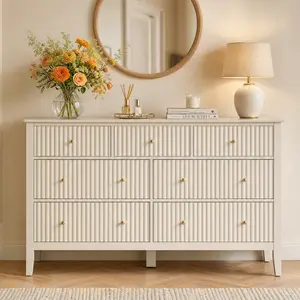 [Summervibes]RoyalCraft Mordern 6/7/9 Drawer Dresser without Mirror, Fluted Nightstand with 3 Drawers, Wood Storage Organizer, Wide Chest of Drawers for Closet, Large Storage Cabinet and TV Stand for Living Room,Bed Room,Hallway, Entryway.