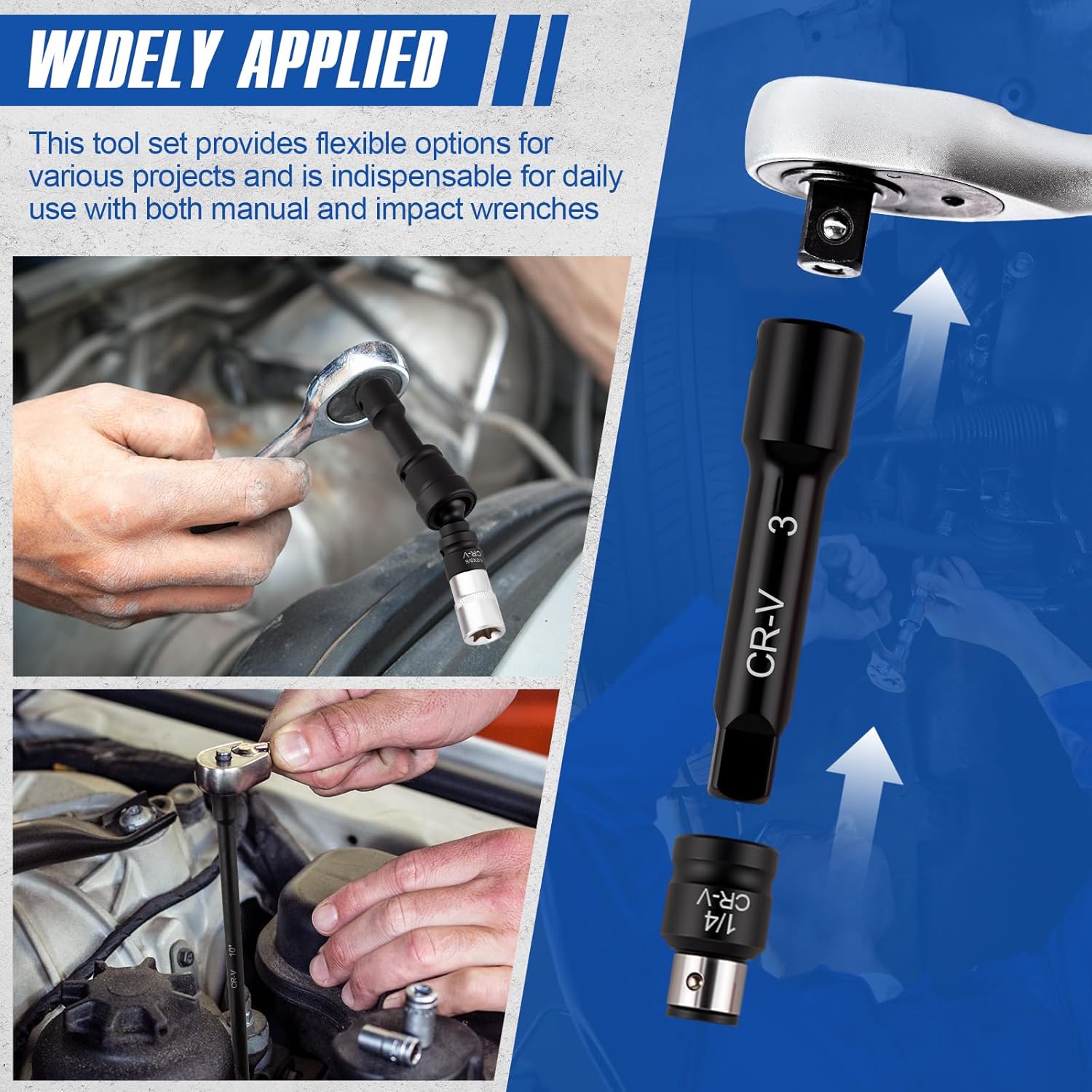 18-piece Impact Socket Extension Set Tools, Swivel Universal Joint, Deep 1/4", 3/8", 1/2" Drive Socket Adapter, Extension Bar, 3 Ratchet Coupler, CR-V Steel Alloy Corrosion-Resistant Mechanic extension handle  car home repair hand tool