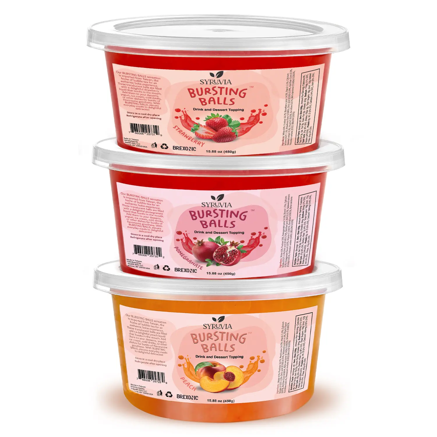 3 Flavors Popping Boba Pearls – Strawberry, Pomegranate and Peach Bursting Tea Balls for Drinks & Desserts, 1LB Pack of 3, Flavored Bubble Tea Pearls