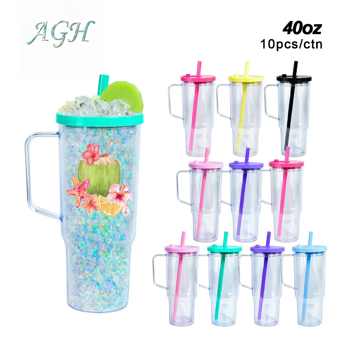 AGH 10PCS New Lids 40OZ Double Wall Plastic Snow Globe Tumbler, Leak Proof Design With Bubble Tea Straws, With Pre Drilled Hole And Plugs