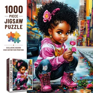 Walarky African American Girl 1000 Pieces Jigsaw Puzzle, Cute Black Girl with Pink Roses Urban Street Art Portrait Colorful Illustration, Family Game Brain Teaser Stress Relief Relaxing Challenge Wall Decor Gift for Adults Seniors 27.5x20inch 70x50cm