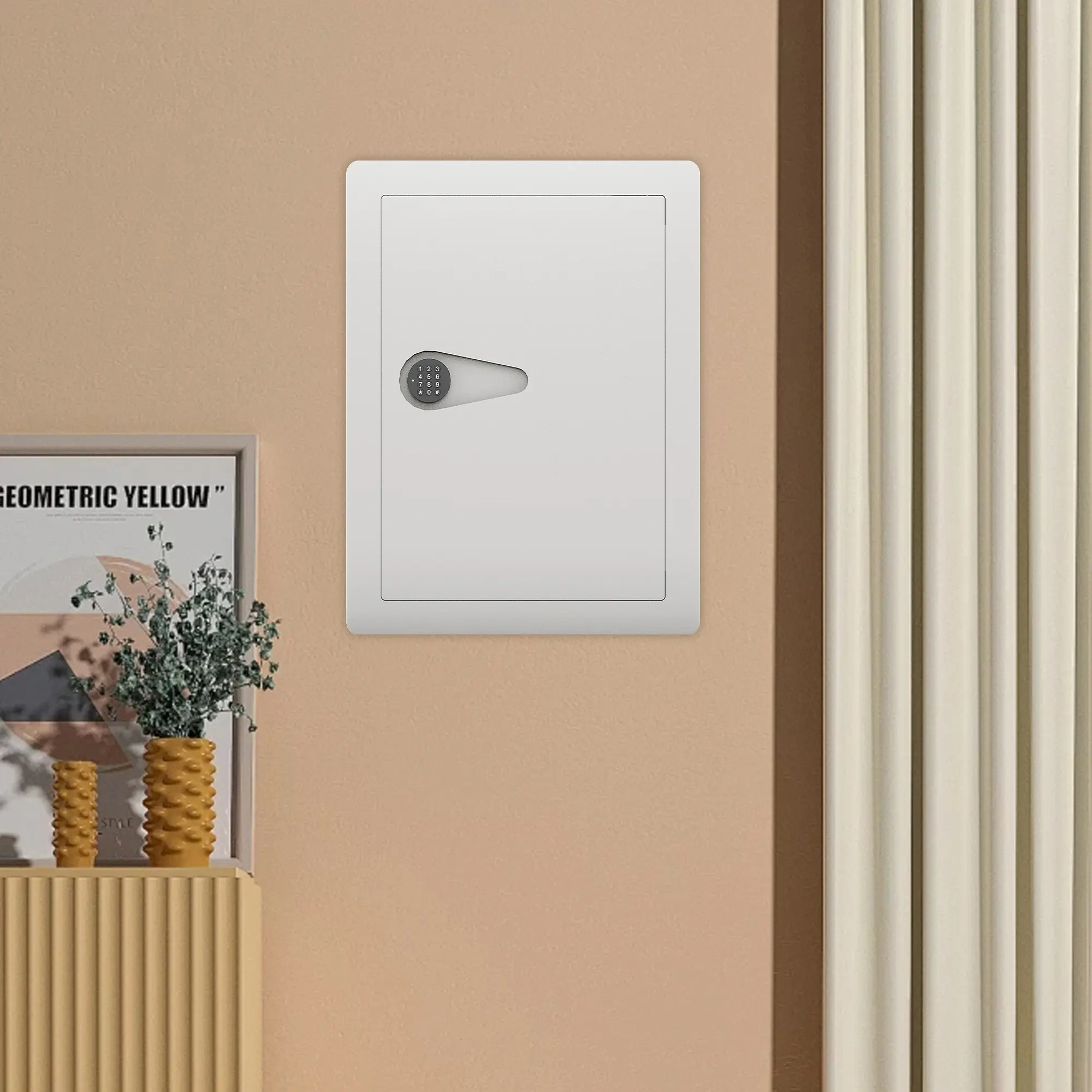 THOF,pistol safe,2 ways to unlock,Passcode,key,Applicable wall,Wall Safes Between the Studs, Hidden Safe with Digital Keypad, Removable Shelves,Avoid security risks,white