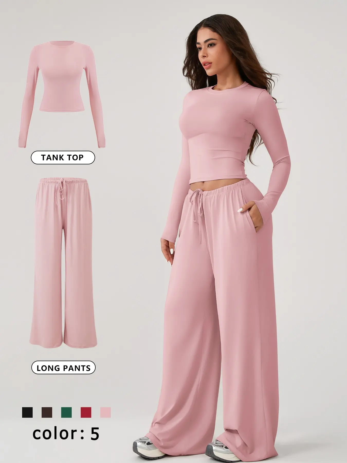 Women's Basic Two-Piece Homewear Set, Matching Pajama Set, Nightwear, Soft Breathable Long-Sleeve T-Shirt and Loose Fit Wide-Leg Pants with Adjustable Drawstring, Casual Loungewear for Home Wear