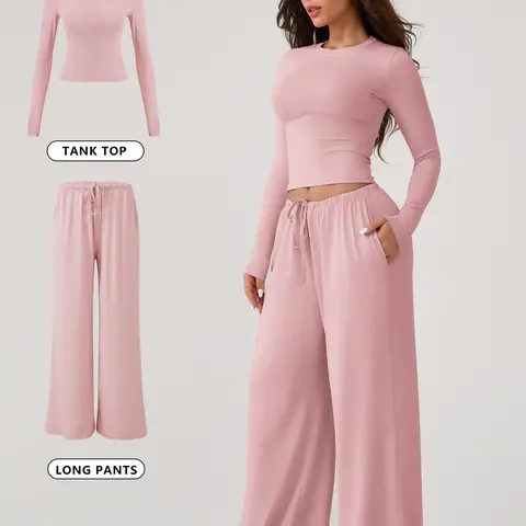 Women's Basic Two-Piece Homewear Set, Nightwear, Soft Breathable Long-Sleeve T-Shirt and Loose Fit Wide-Leg Pants with Adjustable Drawstring, Casual Loungewear for Home Wear, Loungewear Pjs Set