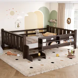 Eyisean Full Size Wooden Floor Bed, Space-Saving Low Profile Daybed with Storage Bookcases, Durable Safety Montessori Platform Bed with Cute Stairs & Guardrails for Bedroom, No Box Spring Needed