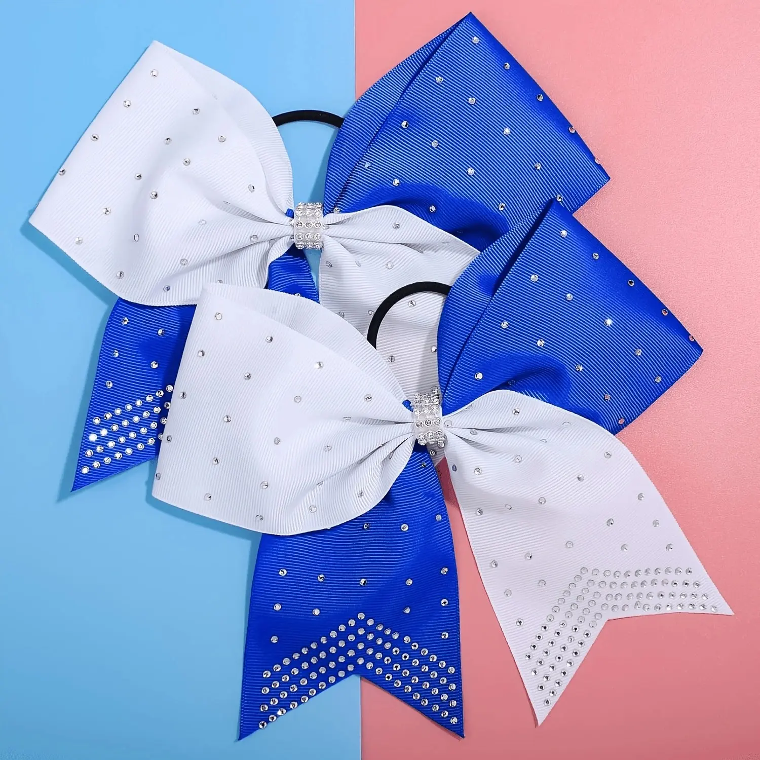 5 PCS Rhinestones Two Toned Large Cheer Hair Bows 7" Glitter Cheer Ponytail Holder Handmade for Teen Girls Softball Cheerleader Sports Hair Styling Accessories Pony Tail Holders