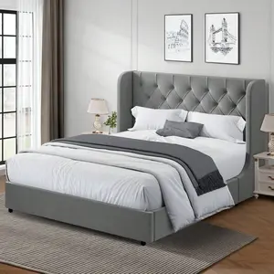 Modern Velvet Upholstered Bed Frame With Curved Wingback Design, Wooden Platform Bed Frame For Bedroom,No Box Spring Needed, Easy Assembly, Full Bed Frame/ Queen Bed Frame/ King Bed Frame/ Full Size Bed Frame/ Queen Size Bed Frame