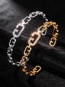 Boho Style Copper Zircon Hand Chain Bracelet, Irregular Symbol-Shaped Openings, Plated Design, Perfect Daily Wear Accessory, Fashion Bracelets