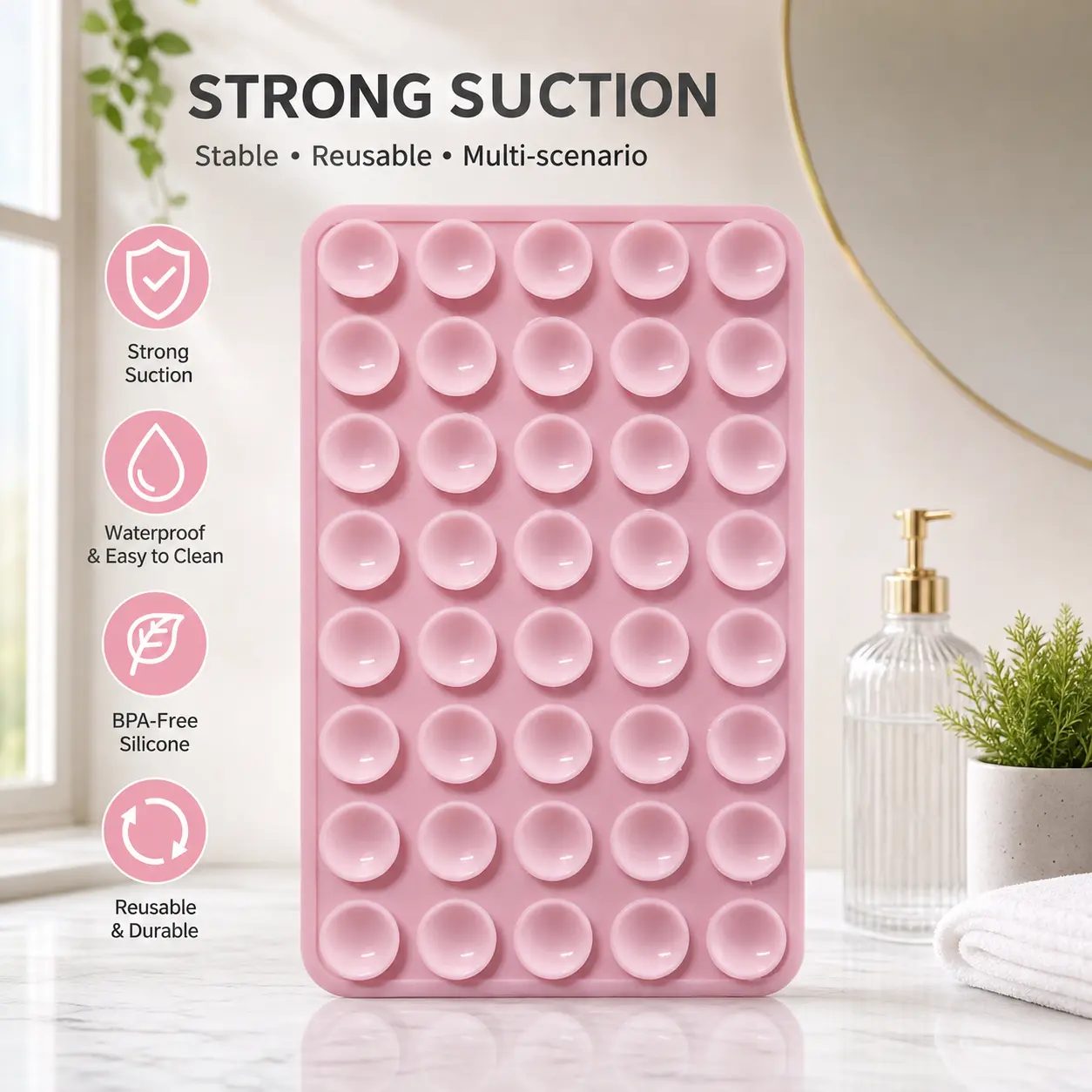 Strong Grip Smartphone-Cellphone Mount with Waterproof Double-Sided Vacuum Suction Pad, 80-Cup Reusable Hands-Free Silicone Sticker Stand for Phone Cases, Phone Accessories for Cooking Videos, Hands-Free Selfies