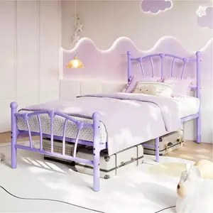 Twin Size Metal Bed Frame, Purple Twin Bed Frames for Girls Boys, Twin Heavy-Duty Platform Bed with Heart-Shaped Design Headboard Footboard