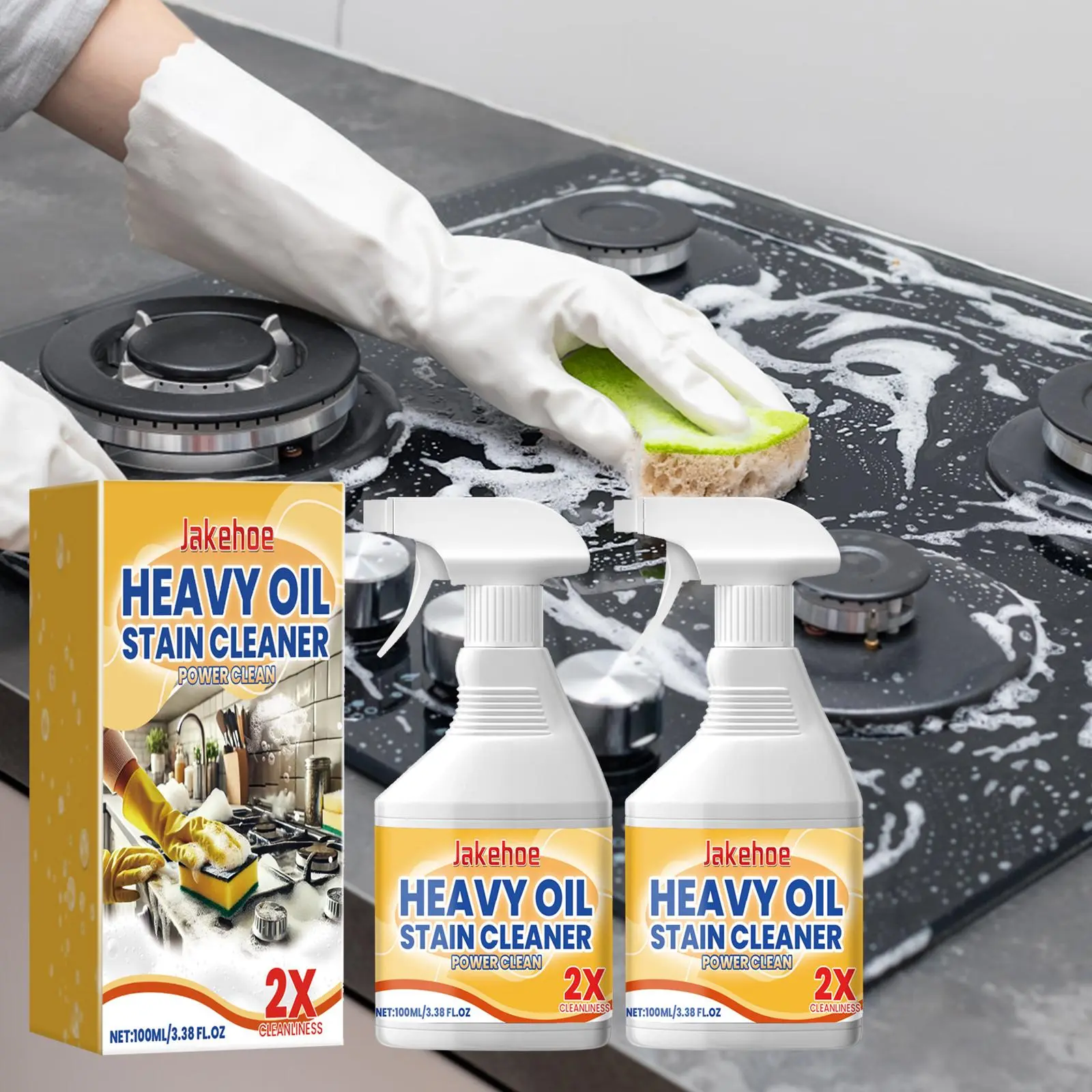 Jakehoe Heavy Oil Stain Cleaner 2 Piece Set (100ml*2), Powerful Cleaning Solution, Kitchen Grease Cleaner Spray & Remover for Range Hoods, Stoves and Kitchenware, Easy to Remove Grease, Daily Kitchen Cleaning Tool