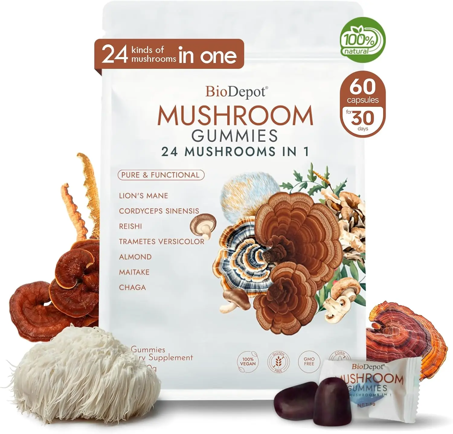 BIODEPOT Lion’s Mane Functional Mushrooms Gummies – Vegan Nootropic Dietary Supplement for Adults, Chewable, Focus, Memory & Mental Clarity Support, Natural Berry Flavor, Maitake Mushroom-Infused