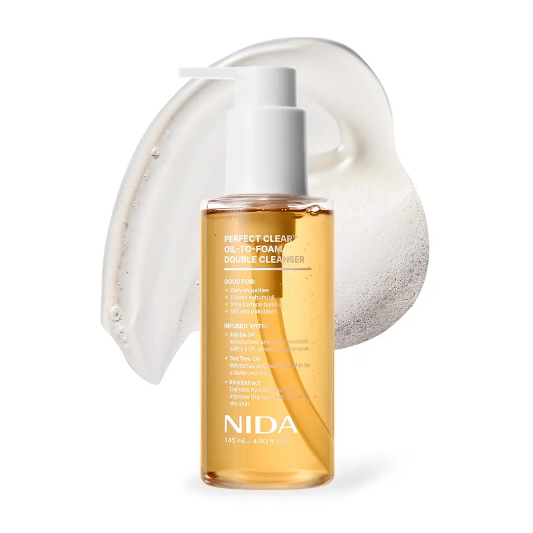 NIDA Perfect Clear™ Oil-To-Foam Double Cleanser | Jojoba Oil, Tea Tree Oil, Rice Extract | Good for Daily Impurities, Excess Sebum, Pore Cleaning, Blackheads, Dirt and Pollutants | 4.90 fl. oz., 145ml