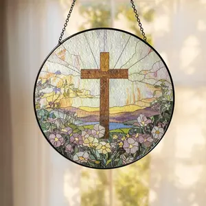 Stained Glass Cross And Wildflowers Suncatcher, Christian Glass Windows Hanging, Flower Cross Gift For Religious, Christian Faith Home Decor