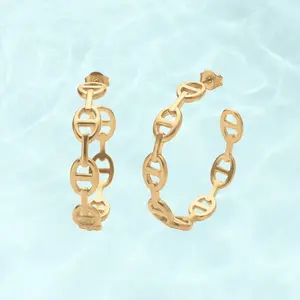 PAVOI Waterproof Chain Hoop Earrings for Women - 14K Gold Plated Anchor Link Huggie Hoop Chain Earrings - Stainless Steel Lightweight Statement Jewelry