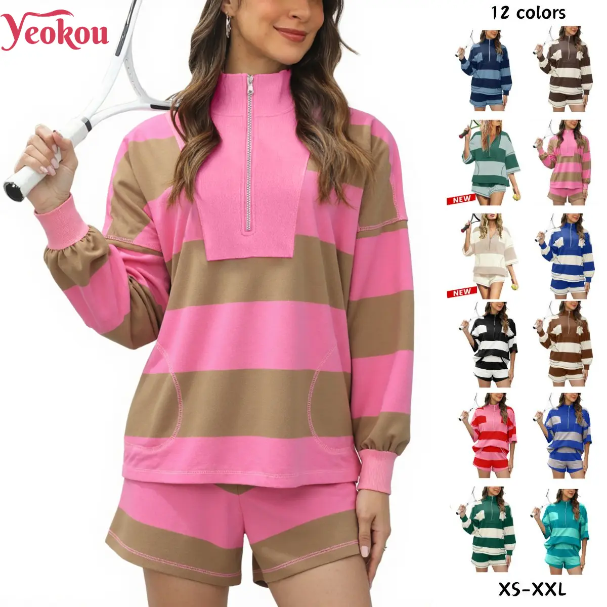Yeokou Women's Lounge Set 2 Piece Striped Long Sleeve Quarter Zip & Short Sleeve T Shirt and Shorts for Summer & Autumn Casual Workout Tracksuit Sporty Set Stylish Activewear Yoga Outfit Set Lightweight Athletic Outfits Sweatsuit Matching Set,summerwins
