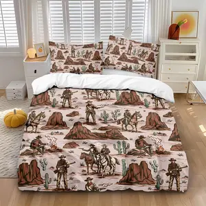 3-piece quilt cover set (1 quilt cover +2 pillowcases, coreless) Western cowboy style tan horse riding bullfighting cactus desert print soft and comfortable bedding, suitable for all rooms