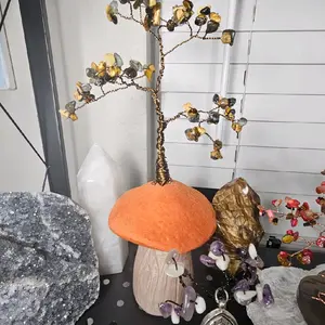 wirewrapped gemstone tree growing from ceramic mushroom with labradorite, picture jasper, and tiger's eye leaves