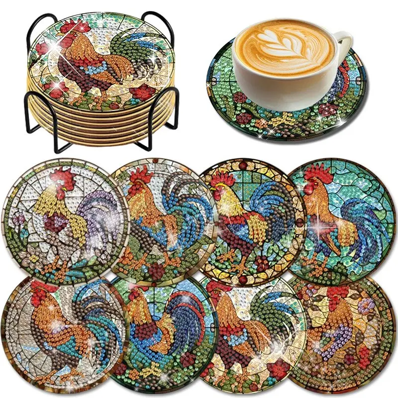 8 Piece Chicken Pattern Diamond Painting Coaster Set with Stand, Coffee Table Mat, Household Placemat, DIY Art Craft Kit for Beginners, Coasters For Drinks, Elegant Home Decor Gift