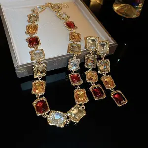 New Crystal Inlaid Square Set Necklace and Earrings Fashionable Temperament Splicing Clavicle Chain Jewelry Decoration for Women