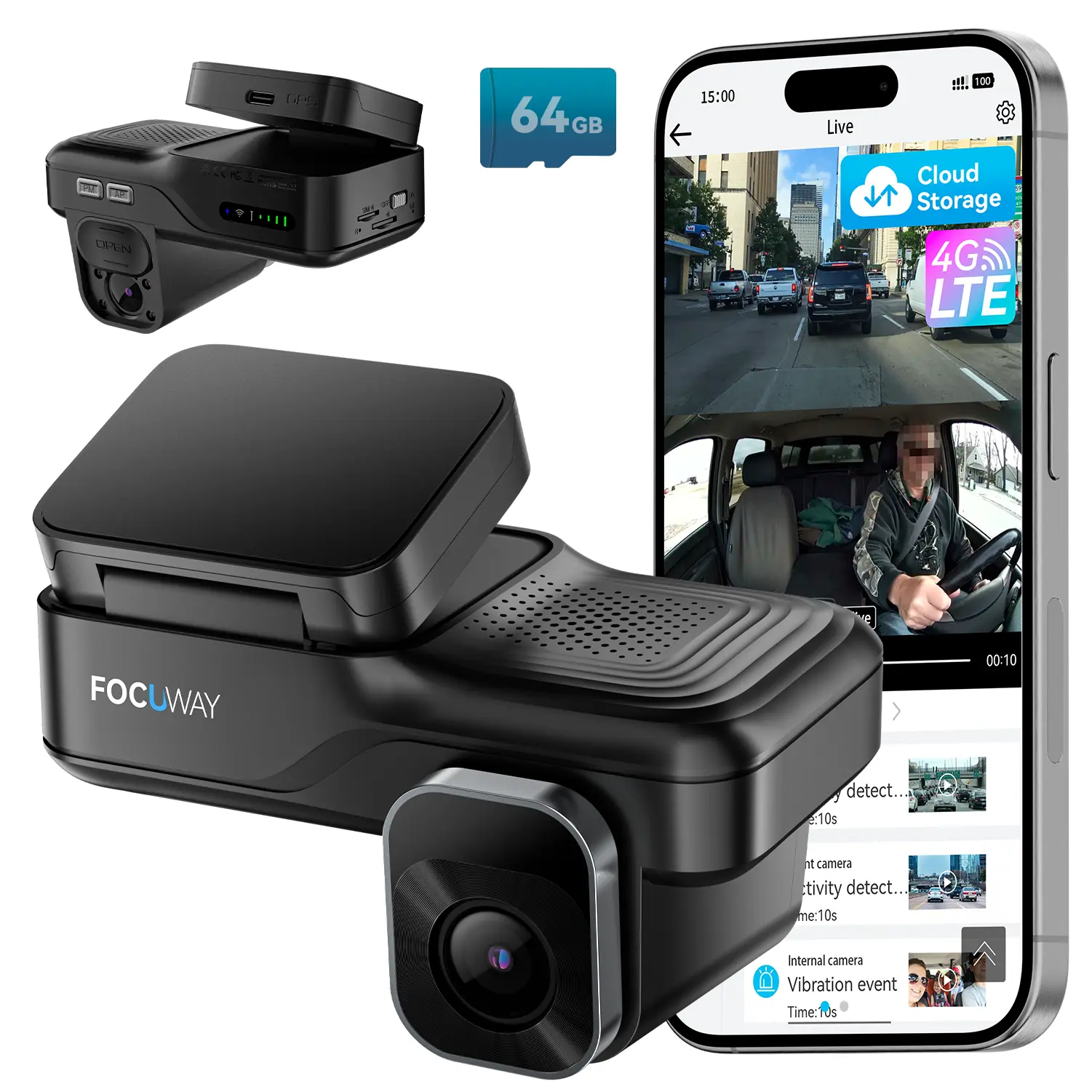 FocuWay L7 Dash Cam Front Inside, 4G LTE Security Cam for Car, Remote Live-View, Instant Alert via App, Cloud, IR Night Vision, No Screen, Dual FHD Dash Camera, 24/7 Parking Mode, GPS, OBD Cable Includes Wifi Dashcam