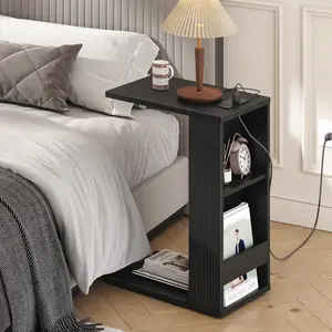 HOOBRO C-Shaped End Table with Charging Station & Storage, Slim Side Table for Small Spaces, Modern Couch Table for Living Room, Bedside Table, Black#SpringSale #BigSpringSale