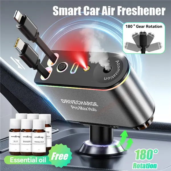 Portable 5-in-1 Smart Car Aroma Diffuser & Charger – Rechargeable, Mood Lighting, Auto Sensing, with 3 Natural Scents – Perfect Gift for Men & Car Lovers