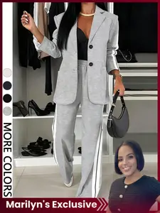 【Marilyn's Exclusive】Valentine's Day Women's Striped Print Blazer Jacket & Wide Leg Pants Set, Casual Fitted Suit for All Seasons, Stylish Ladies' Clothing Ensemble