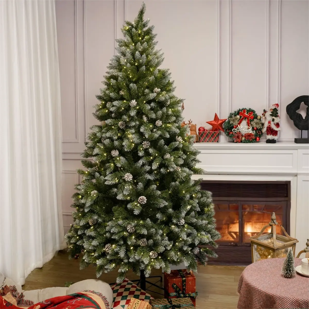 Direct Wicker PAT-001L-7FT-YJ 7FT Magical Snow-Frosted Christmas Tree, Pine Cones, 500 Warm White LED Lights
