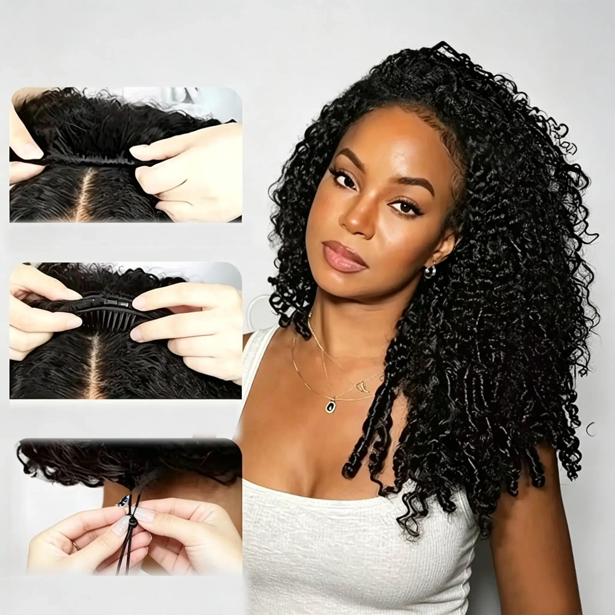 [3 IN 1 HALF WIG]  Half Wig Human Hair Kinky Curly Glueless Wig Human Hair Ready to Wear 3 IN 1 Half Wig With Drawstring 180 210  Density Curly Half Wig Synthetic Hair Wigs Synthetic Soft Hairpieces