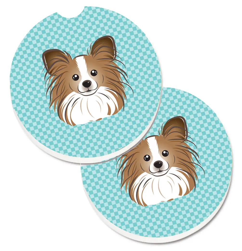 Checkerboard Blue Papillon Absorbent Sandstone Car Coaster Set of 2, Checkered, Cut Out for Easy Removal, Sandstone, Keeps Water From Making Mess