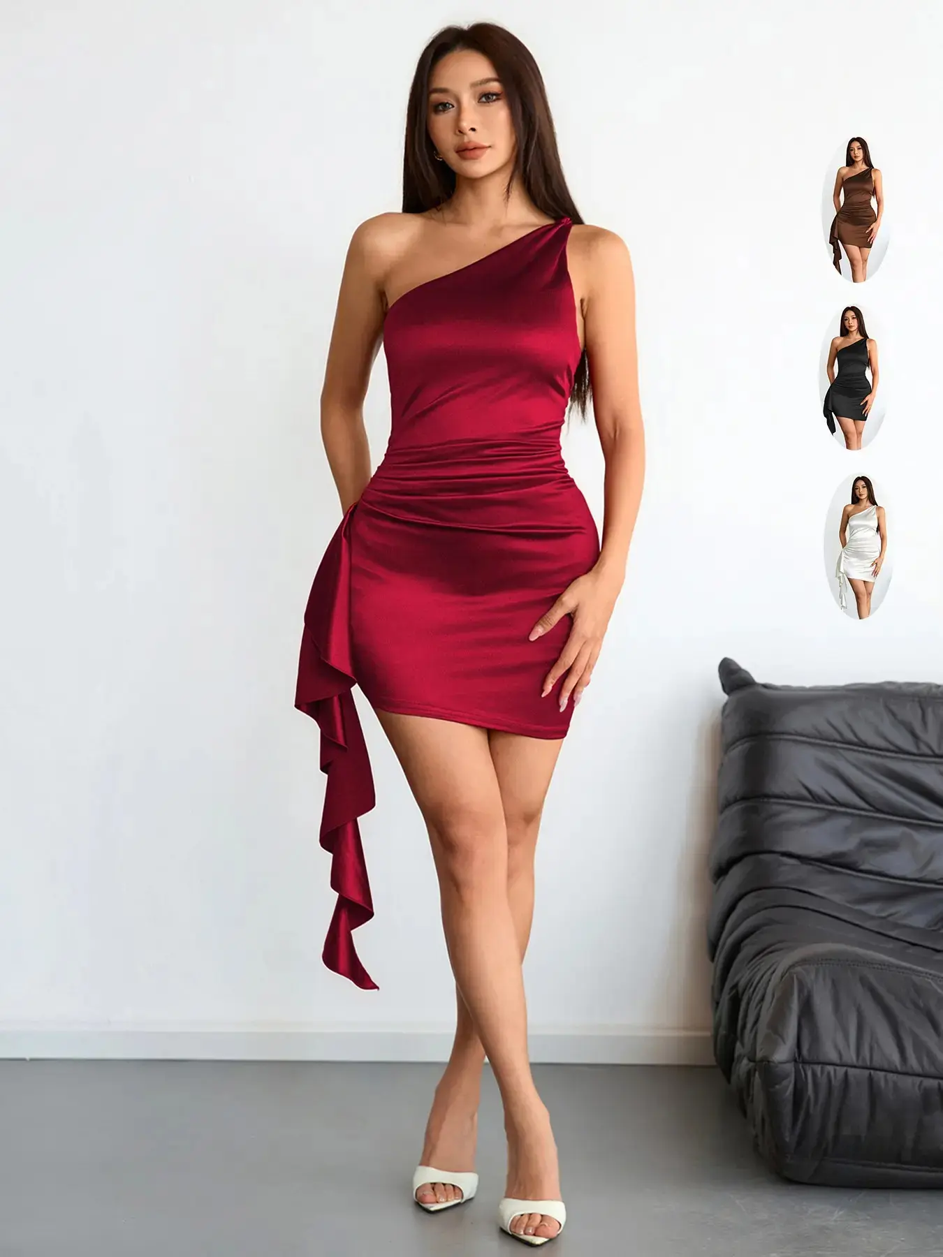 Women's Summer Asymmetrical Strap Short Smooth Satin Stretchy Slinky Womenswear Dress, Adjustable Sleeveless Slim Fit Fitted Sexy Ruched Bodycon Dress, Fashion Trendy Cross-Border New Arrival