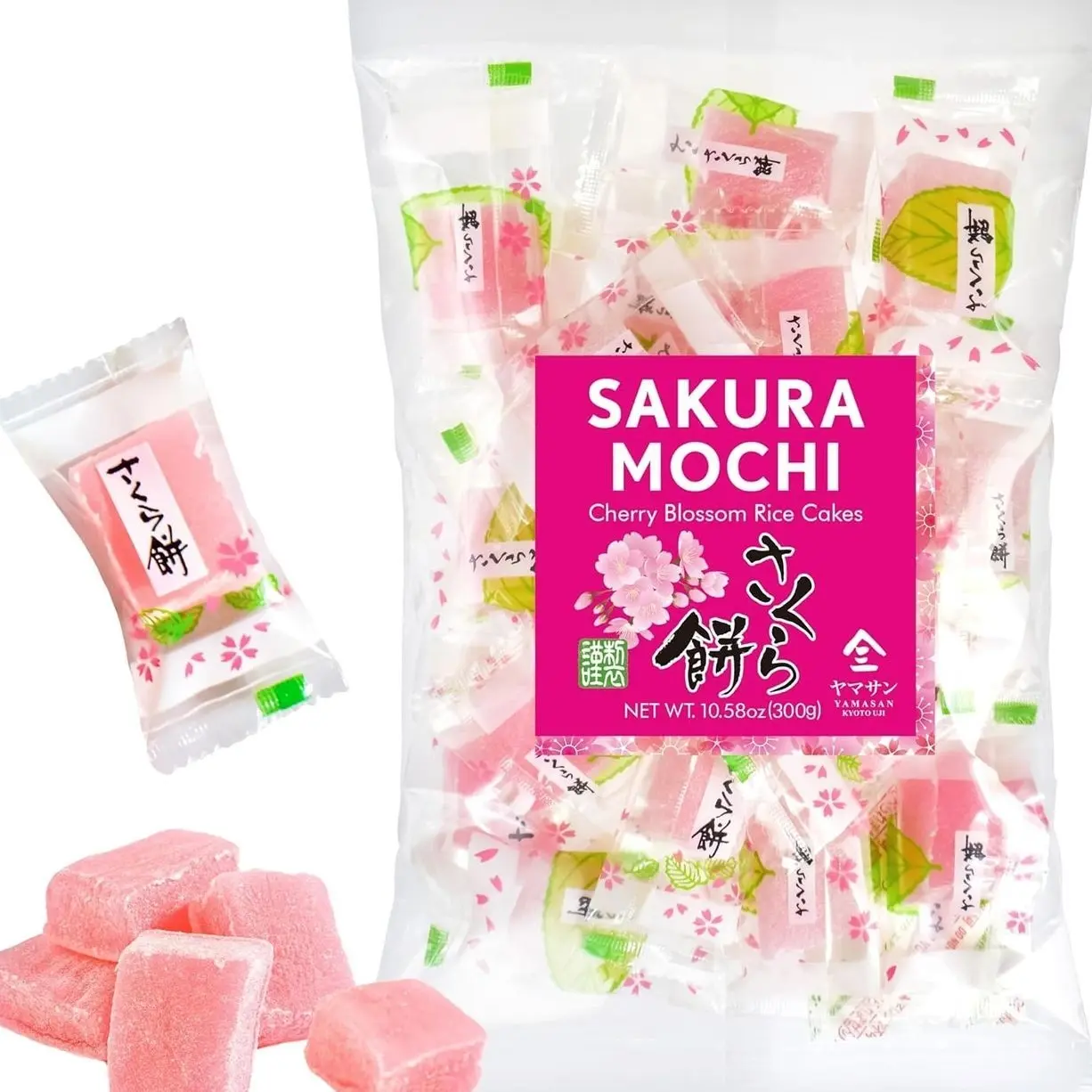 YAMASAN KYOTO UJI Japanese Sakura Mochi Candies, Real Traditional Cherry blossom Rice Cakes, 300g/10.58oz, Japanese Snacks, Japanese Candy, Individually Wrapped