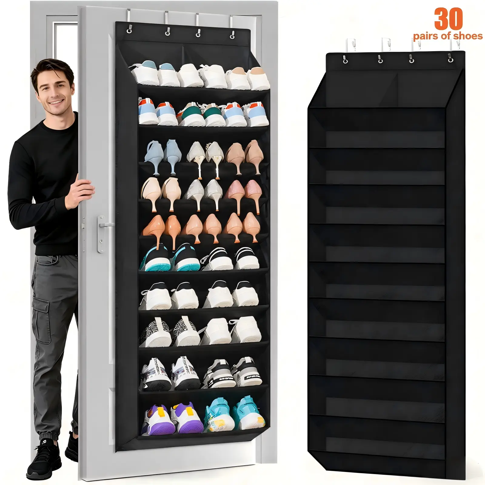 10-Tier Over the Door Shoe Organizer — Holds 30 Pairs, No Floor Space Wasted！Over the Door Shoe Organizer , 10-Tier Hanging Shoe Storage for Closet, Breathable Door Shoe Rack Holds Sneakers, Boots, Heels & Daily Essentials