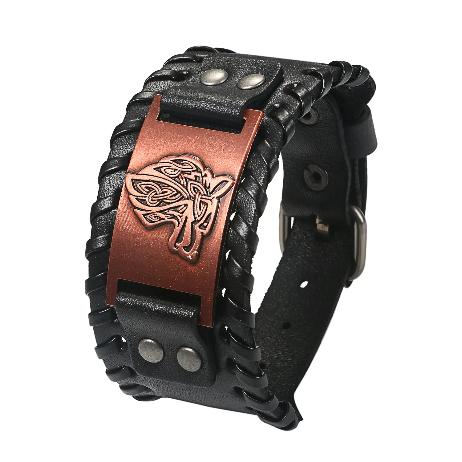 OIDEA Men's Viking Cuff Bracelet, Gothic Wolf Head Leather and Alloy Wide Wristband with Adjustable Multi-Snap Close, Gothic Style, Adjustable Size, Leather+Alloy, Wide Cuff, Wolf Motif, 6.3" To 8.26", Animal, Wide Strap, Adjustable Snap