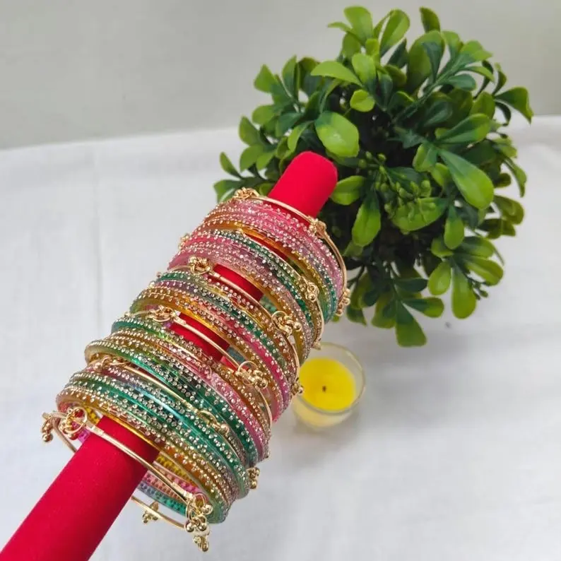 4pcs Kashmiri Ghungroo and 12pcs Raindrop Glass Bangles Set - Size 2.10 Hot-Selling Fashionable Bracelet, Casual Trendy Jewelry, Adjustable Bangle Jewelry Accessory with Elegant Subtle Shine, Timeless Charm - For Casual & Formal Wear, Fashion Enthusiasts