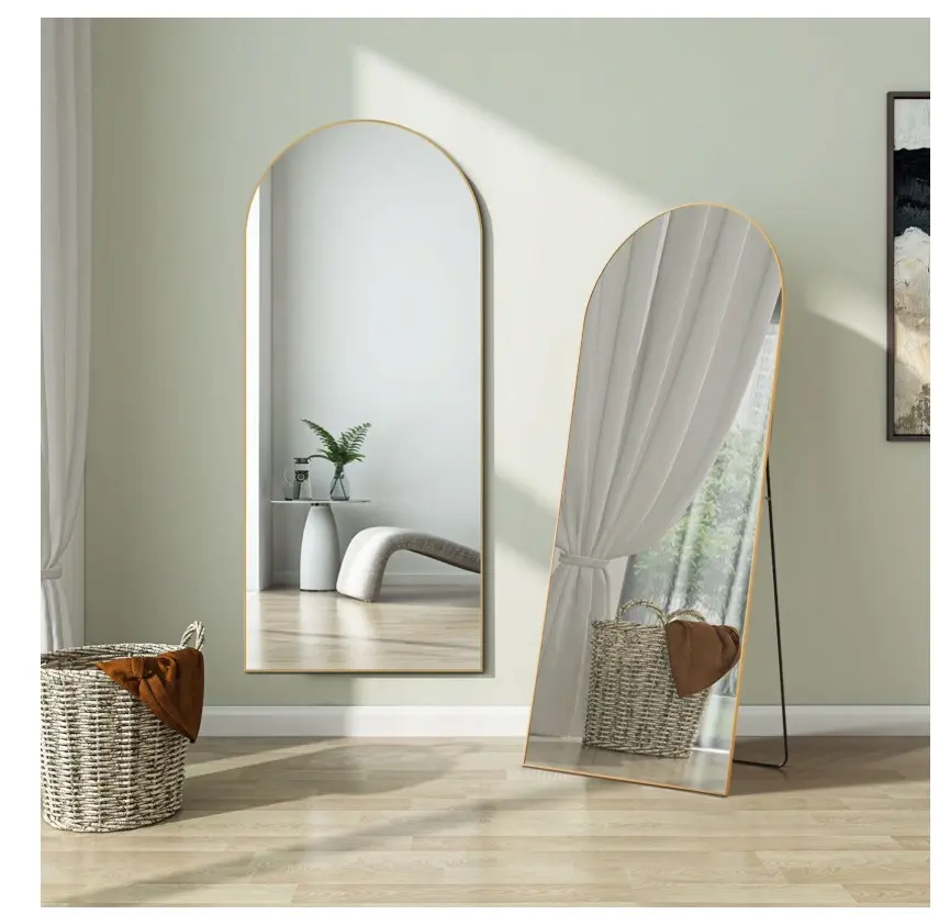 64"x21" Arched Full-Length Mirror with Stand or Wall, Gold Aluminum Frame for Bedroom or Livingroom