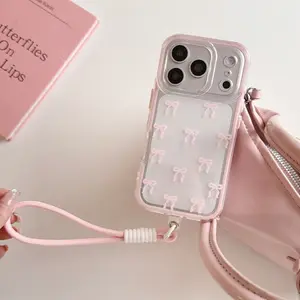 For iPhone 17 Pro Max Case with Bow Design Minimalist Look Portable Wrist Strap Pink Color Protective Cover for Stylish Protection