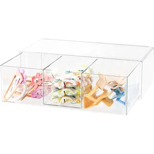 Hair Accessories Organizer for Girls Clear Acrylic Bow Tie Clip Scrunchie Holder with Removable Divider Stackable Storage Drawer Container Caddy Box Kids Women Vanity Accessories