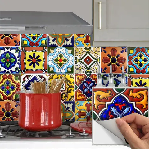 24pcs 4x4in (10x10cm) Classic Flat Vinyl Adhesive Decorative Art Stickers - Mexican-Spanish Houndstooth Print Tiles Sticker for Kitchen Backsplashes, Wall, House Decor, Room Decor, DIY Peel-and-Stick Home Supplies