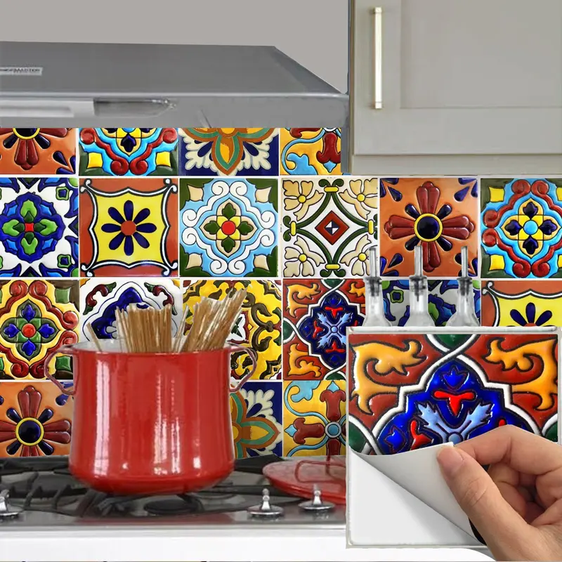 24pcs 4x4in (10x10cm) Classic Flat Vinyl Adhesive Decorative Art Stickers - Mexican-Spanish Houndstooth Print Tiles Sticker for Kitchen Backsplashes, Wall, House Decor, Room Decor, DIY Peel-and-Stick Home Supplies