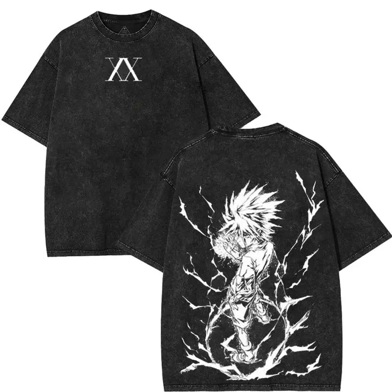 valentine shirts Hunter x hunter HXH Killua Zoldyck Anime Manga Game Double Printed Acid Washed Tee Menswear graphic tee