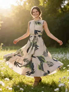 Elegant Leaf Printed Maxi Dress, Sleeveless Waist-Tied Flowy Design, Perfect for Picnics & Vacations, All-Season Casual Outdoor Wear