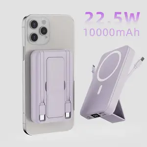 10000mAh Magnetic Power Bank with built-in foldable stand, equipped with USB-C power cable/port, wireless portable charger, compatible with iPhone 17/16/15/14/13 series, compact and portable, fast charging.