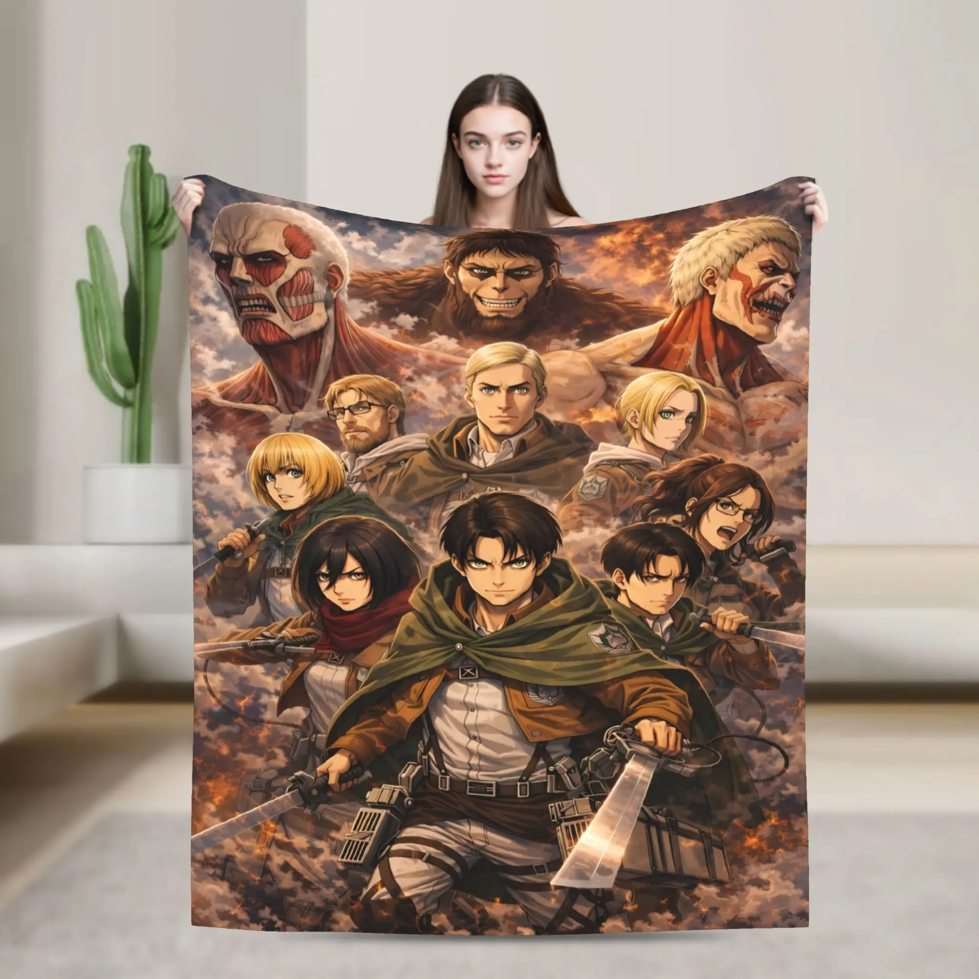 Attack on Titan Eren Anime Classic Cotton Flannel Blanket - Wrinkle Resistant, Breathable, Durable Throw Blanket for Bed, Sofa, Home Gift